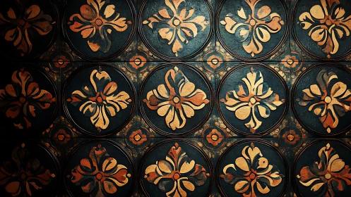 Golden floral tiles glowing in a deep vintage grid.
