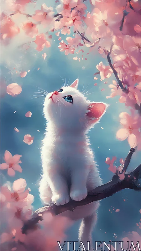 White kitten seated on branch amid pink floral elements.