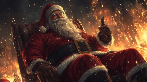 Santa figure seated before burning urban landscape at night.