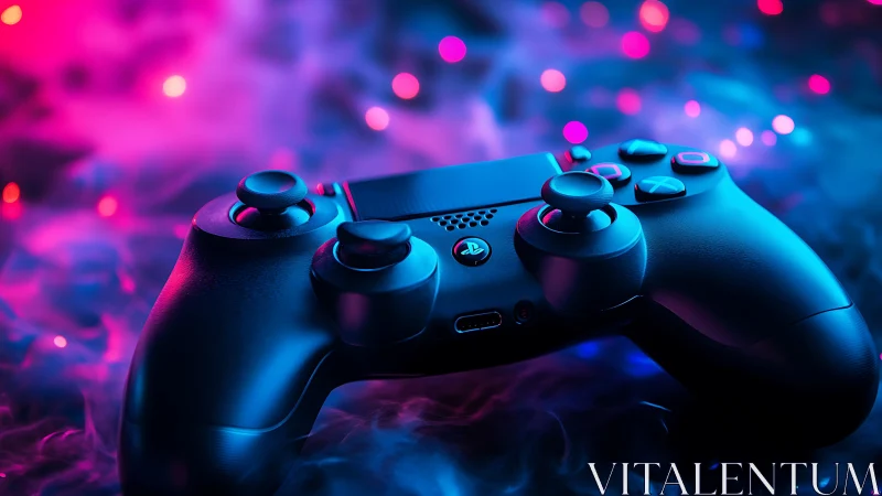 Gaming controller bathed in neon pink and blue light.