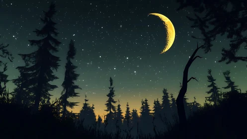 Crescent Moon Over Forest with Starlit Sky.