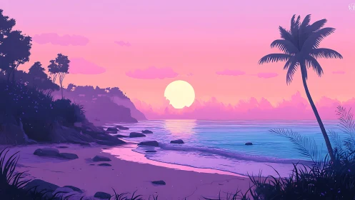Digital sunset beachscape with palm and soft pastel glow.