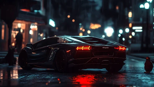 Black sports car on wet city street at night in rain.