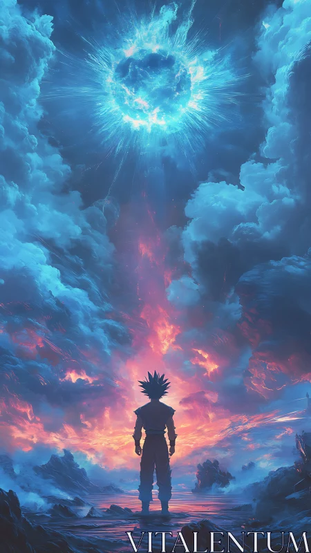 Celestial plasma core above lone anime warrior horizon.