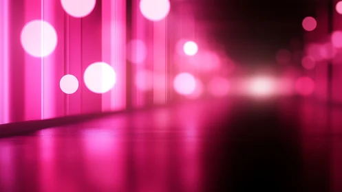 Pink illuminated corridor with defocused circular lights.