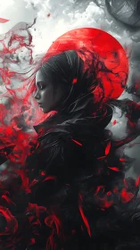 Scarlet eclipse muse wrapped in whispering shadow storms.