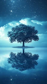 Midnight wish tree mirrored on a moonlit still lake.