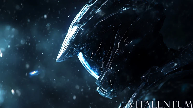 Armored sci fi helmet in deep shadow with specular highlights