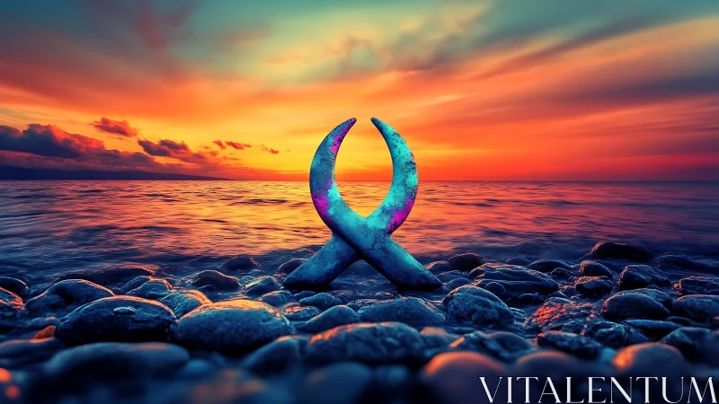 Twin crescent sculpture on vivid sunset shoreline seascape.