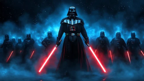 Dark armored leader strides forward through glowing mist.