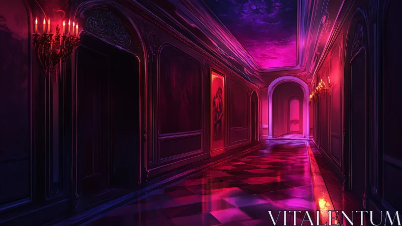 Neon-lit baroque corridor with reflective marble floor surfaces