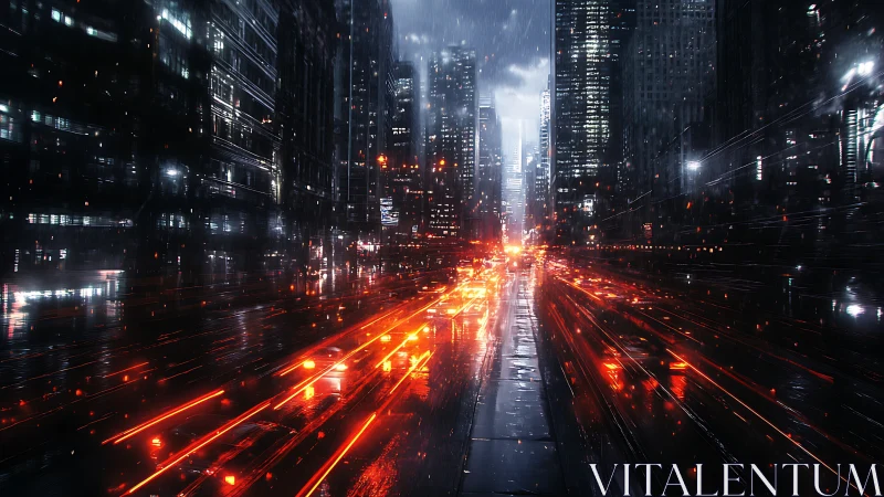 High-speed neon traffic streaks in rain-soaked cyberpunk megacity