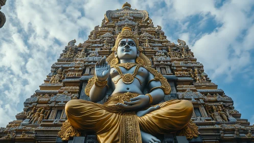 Stone deity statue sits before ornate temple tower façade