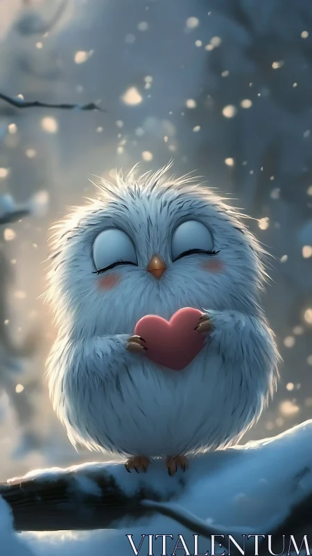 Fluffy white owl holding pink heart in snowy forest scene.