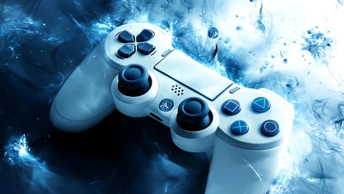White game controller on intense blue liquid energy background.