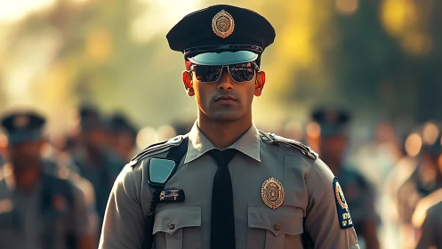 Mirrored shades sharpen a calm officer in golden streetlight