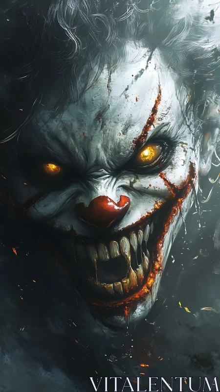 Demonic clown lunges forward with bloodstained grin