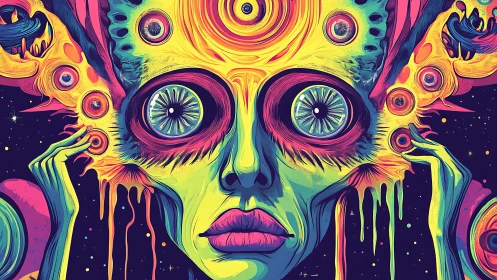 Psychedelic alien portrait distorts vision and cosmic form