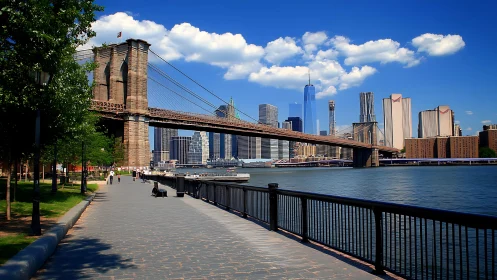 Photorealistic Brooklyn Bridge skyline with linear waterfront promenade.