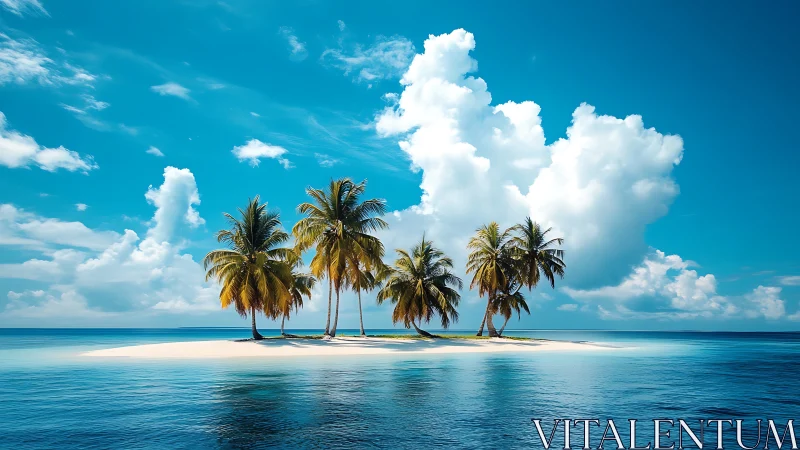 Tropical island composition featuring palm trees against blue ocean and sky.