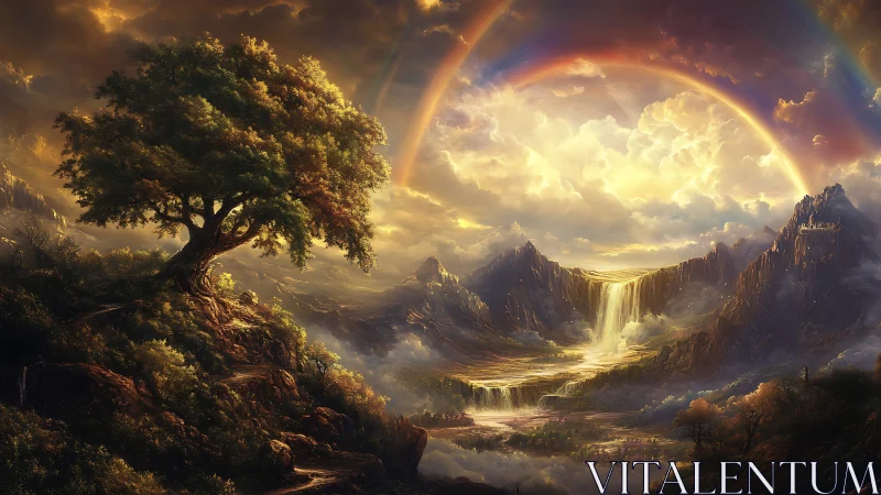 Sunlit fantasy valley unfolds beneath radiant double rainbows