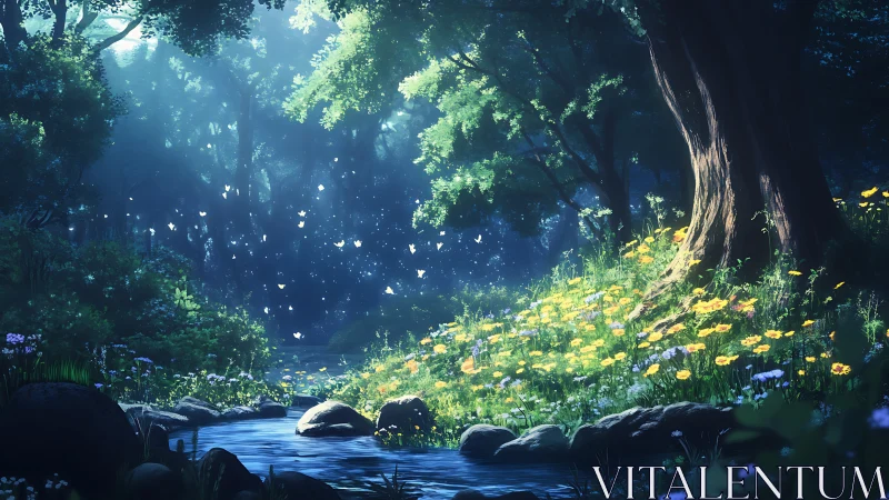 Enchanted forest stream with golden flowers and ethereal light beams