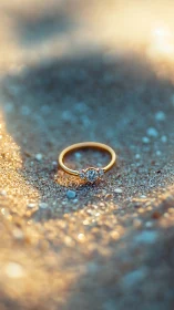 Gold diamond engagement ring resting on sunlit sand.