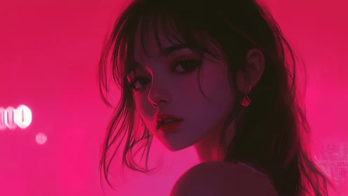 Neon pink glow surrounds a pensive girl in soft focus