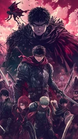 Armored swordsmen group under blood red sky in battle scene.