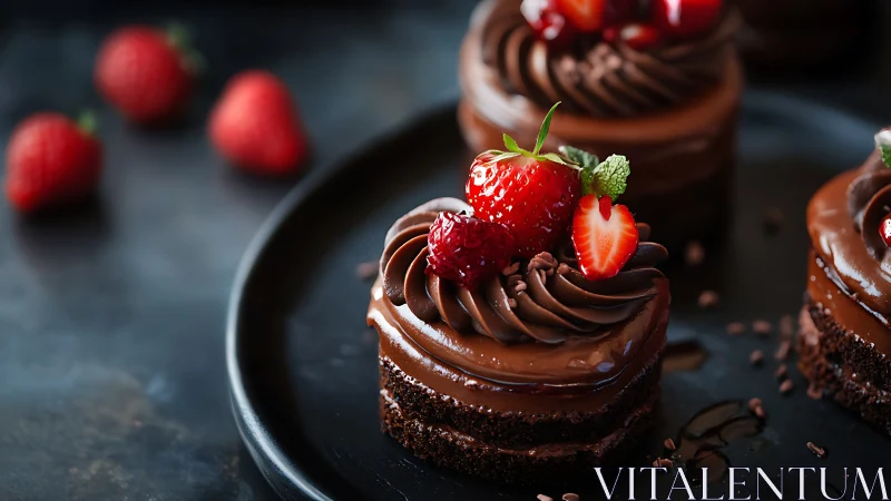 Chocolate mousse mini cakes with fresh strawberry garnish.