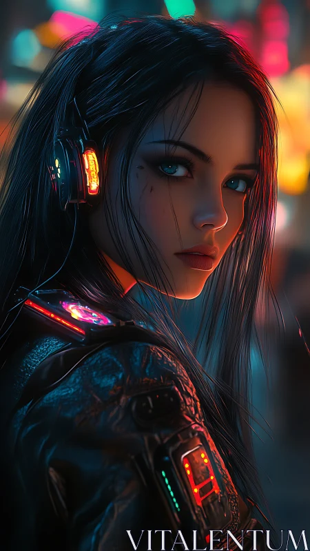 Cyberpunk girl wears neon headset in rain-soaked alley.