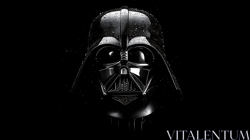 Dark sci fi helmet with wet reflective black armor front.