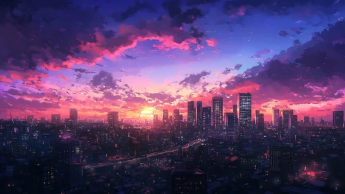 Neon city skyline under vivid sunset gradient sky.