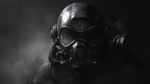 Shadowed armored trooper gazes ahead in heavy stylized gear