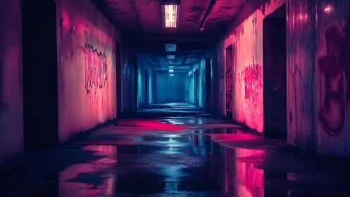 Neon lit abandoned corridor with graffiti and wet floor.