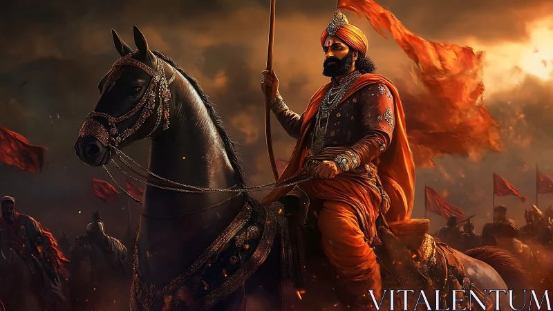 Cinematic digital warrior-king on armored warhorse at dusk.