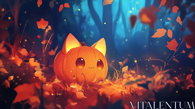 Luminescent pumpkin cat avatar amid bokeh autumn forest glow.