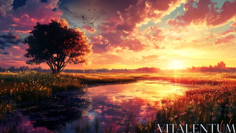 Radiant sunset over reflective wetland pond with saturated clouds