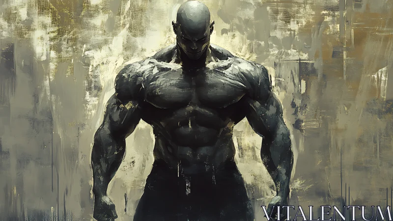 Muscular bald figure stands in dark, abstract environment.