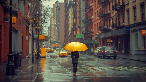 Bright yellow umbrella brings cozy calm to a rainy city street.