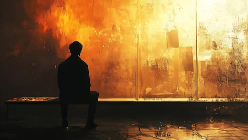 Quiet figure resting before a glowing golden abstract wall.