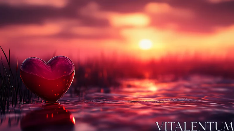 Translucent heart shape resting in shallow water at sunset