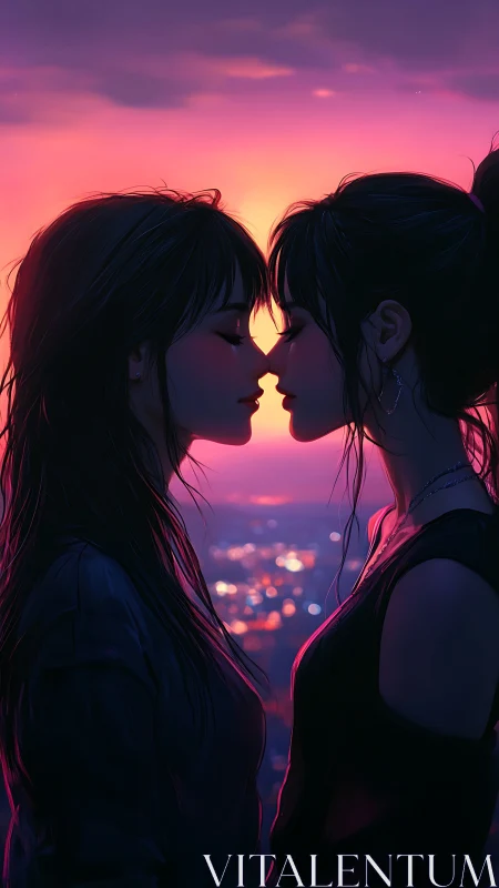 Backlit couple in close silhouette against neon-gradient sunset sky