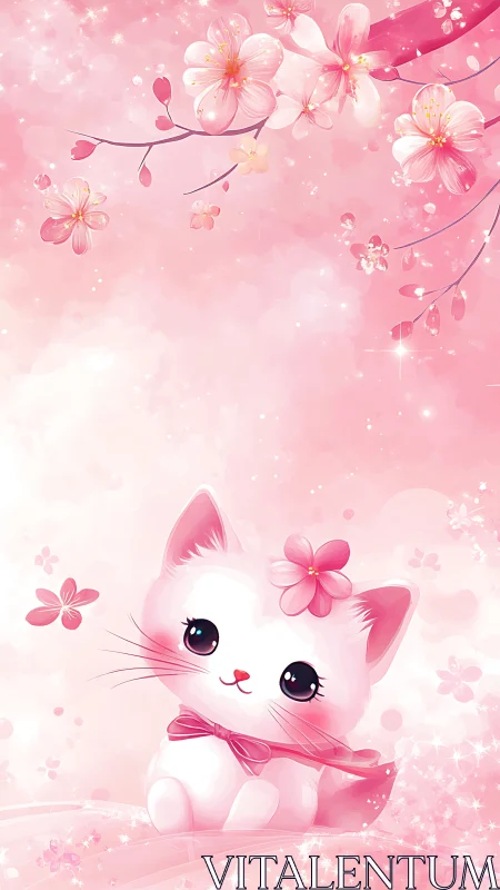 Illustration of adorable white anime cat with pink florals in ethereal dreamscape