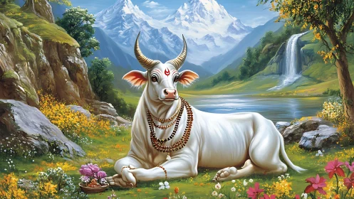 Sacred white cow resting in a bright mountain meadow.