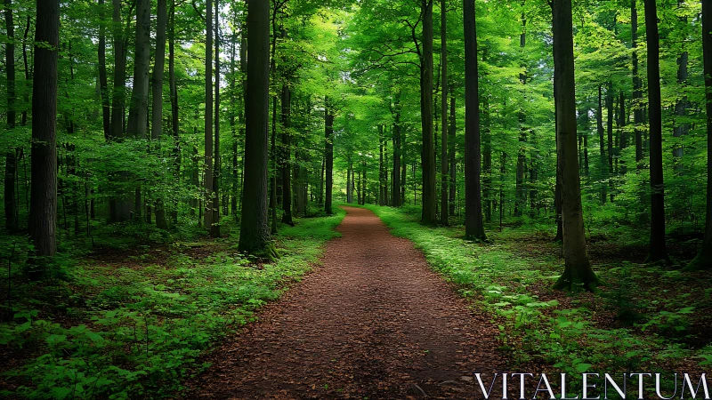 Serene forest trail with lush green trees in natural daylight.