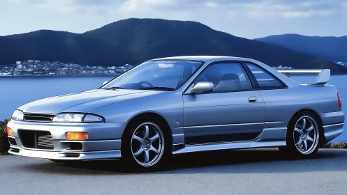 Silver sports coupe rests by a calm lakeside mountain view