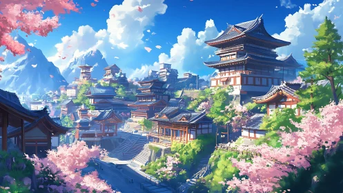 Mountain temple cityscape under vivid spring sunlight.