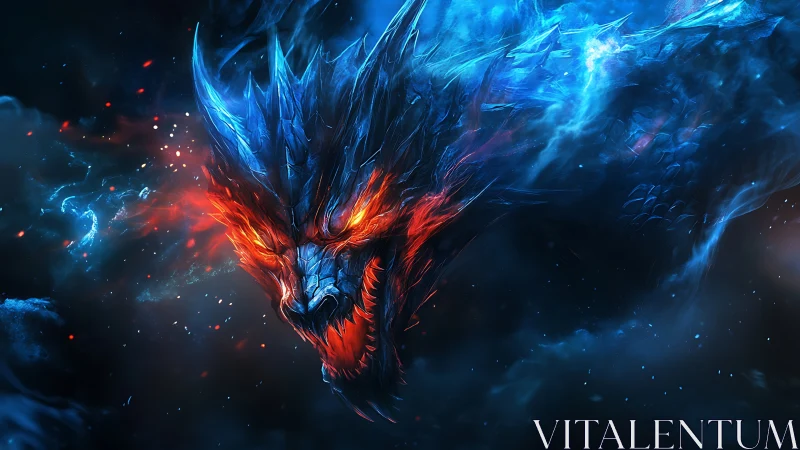 Bioluminescent dragon roars through swirling cosmic storm