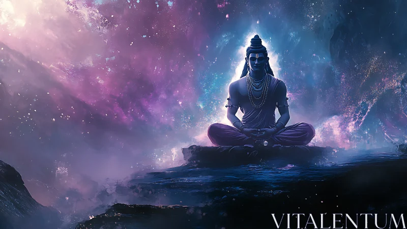 Meditating figure sits on rocky surface amid cosmic nebula